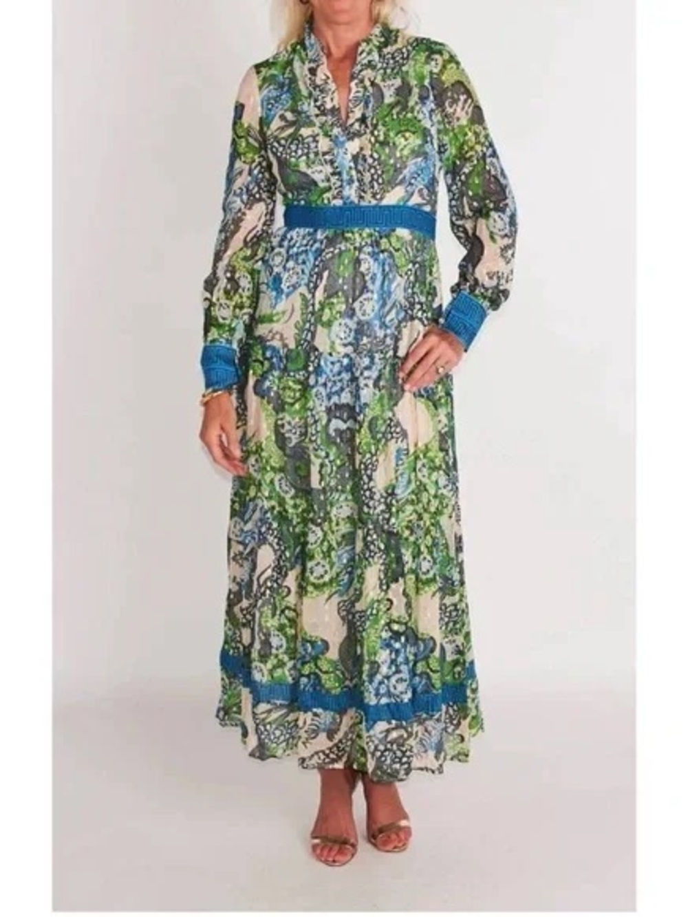Blue and Green Annabelle Dragon Paisley Maxi Dress with Contrast Waist